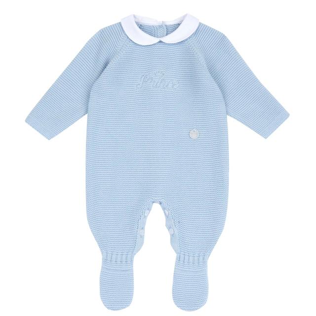 Tutina neonato Chicco azzurra in maglia di cotone sostenibile con apertura entrogamba e grafica ricamata tono su tono. | Chicco