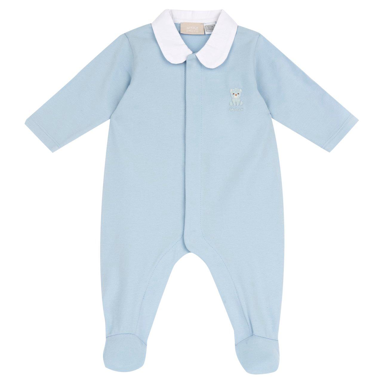 Tutina azzurra Chicco aperta davanti in jersey di cotone elasticizzato per bambino, con grafica ricamata e bottoni automatici nascosti, ideale per primavera/estate. | Chicco