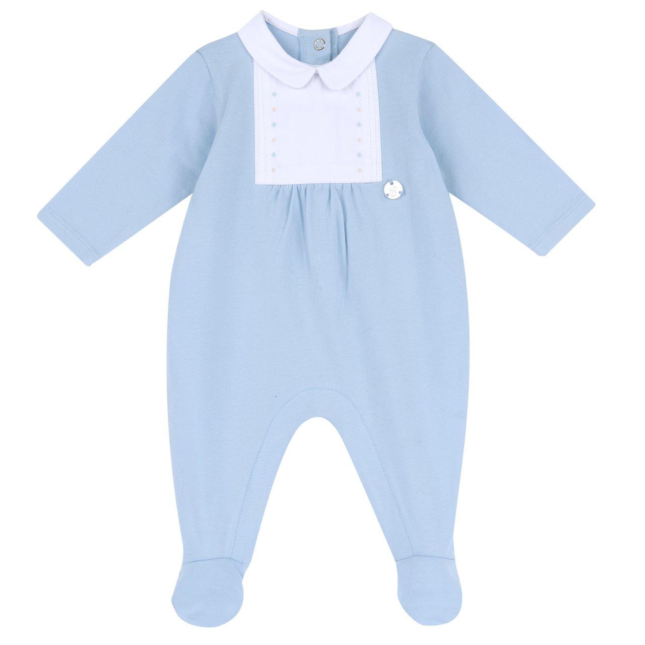 Tutina azzurra Chicco in cotone elasticizzato per neonato, con inserto ricamato e bottoni automatici, ideale per primavera/estate. | Chicco