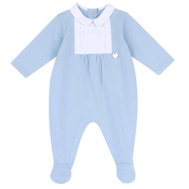 Tutina azzurra Chicco in cotone elasticizzato per neonato, con inserto ricamato e bottoni automatici, ideale per primavera/estate. | Chicco