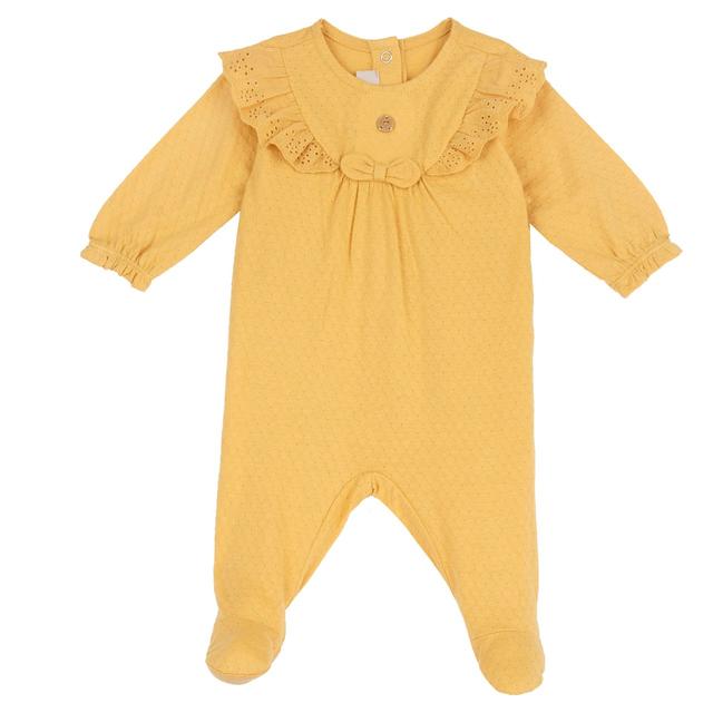 Tutina girocollo gialla Chicco per bambina in morbido jersey jacquard di cotone e viscosa di bambù, aperta dietro, con fiocchetto, rouches Sangallo e stampa antiscivolo sui piedini. | Chicco