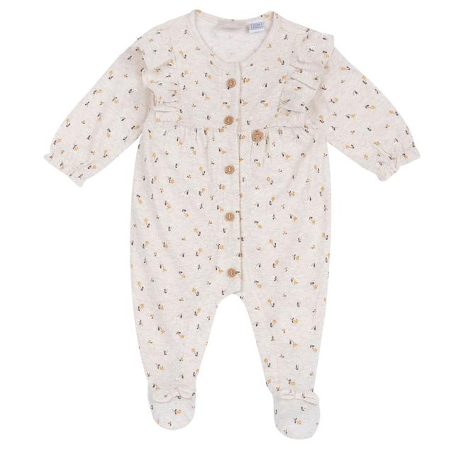 Tutina aperta davanti beige per bambina Chicco in morbido jersey jacquard con stampa a fiorellini e medaglietta effetto legno. | Chicco