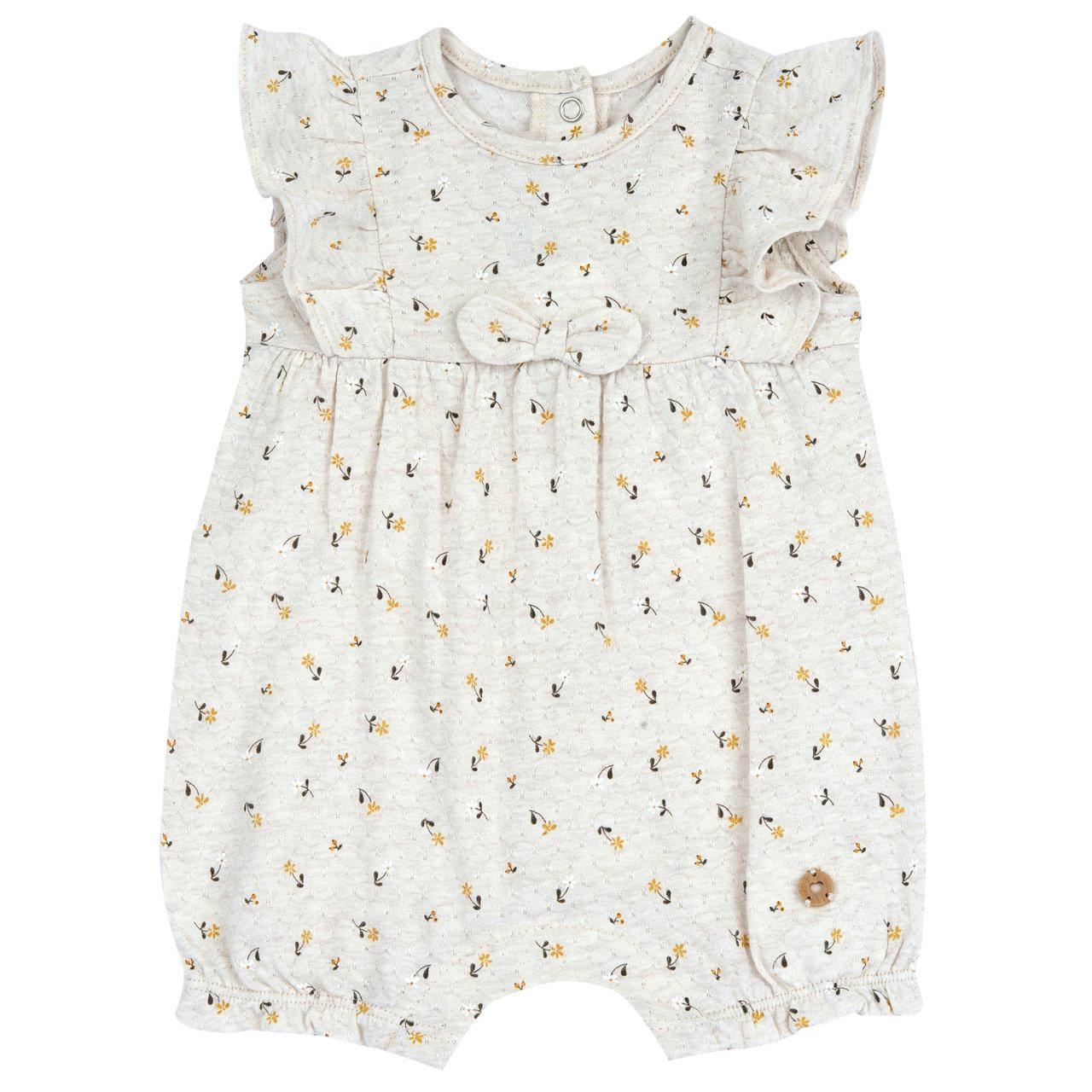 Pagliaccetto corto beige in morbido jersey jacquard di viscosa di bambù e cotone per bambina, con stampa a fiorellini e fiocchetto applicato. | Chicco