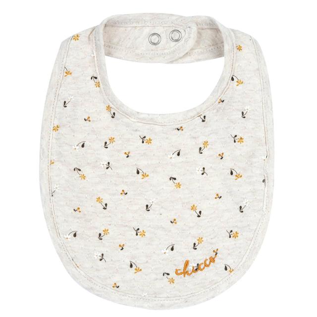 Bavaglino Chicco beige in jersey jacquard per bambina, con fantasia di fiorellini e grafica ricamata, ideale per primavera/estate. | Chicco