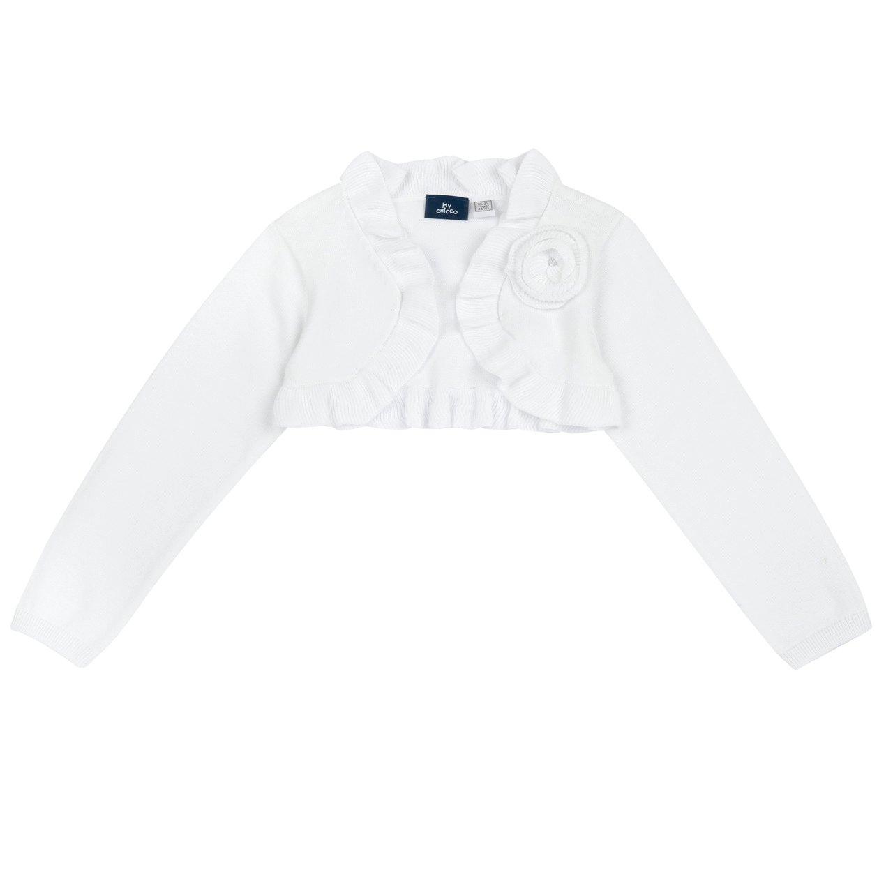Cardigan scaldacuore Chicco bianco in 100% cotone per bambina, con fiore in maglia e strass, e rouche decorativa. | Chicco