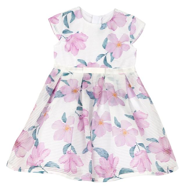 Vestito bianco Chicco manica corta in organza jacquard rigata con stampa floreale e fiocco in vita per bambina, ideale primavera/estate. | Chicco