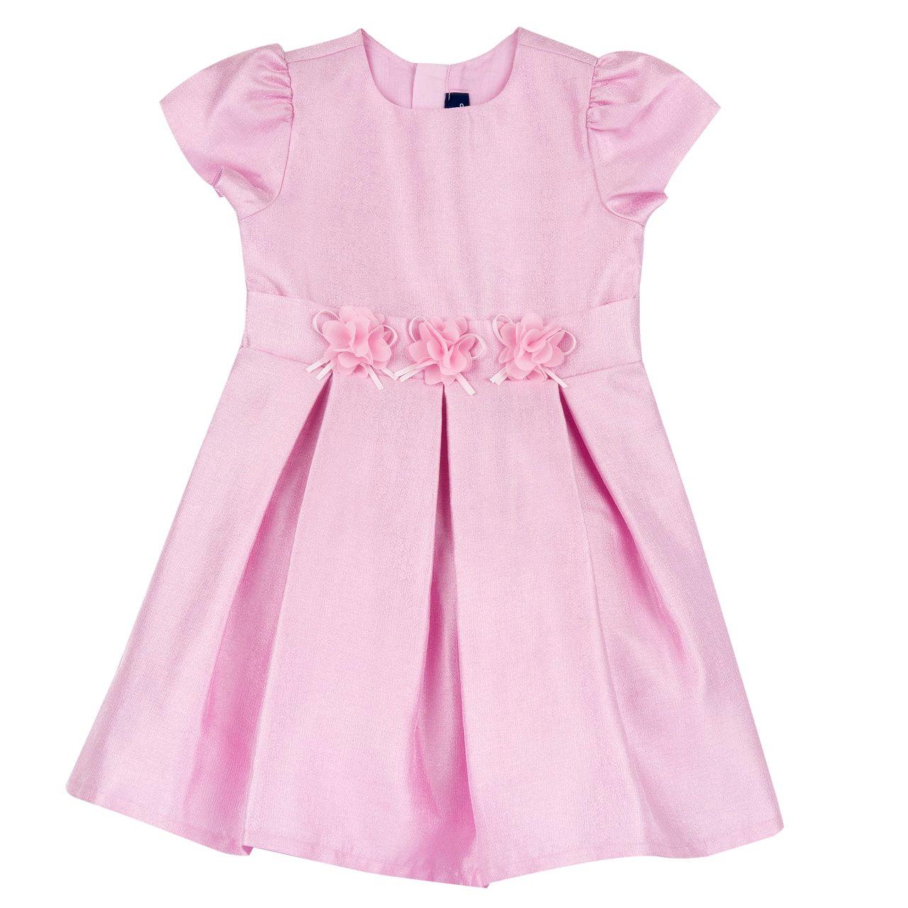Vestito rosa a manica corta per bambina Chicco con applicazione di fiori in organza in vita, tessuto effetto Shantung. | Chicco