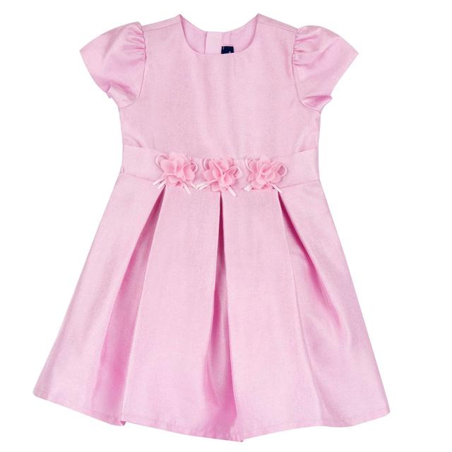 Vestito rosa a manica corta per bambina Chicco con applicazione di fiori in organza in vita, tessuto effetto Shantung. | Chicco