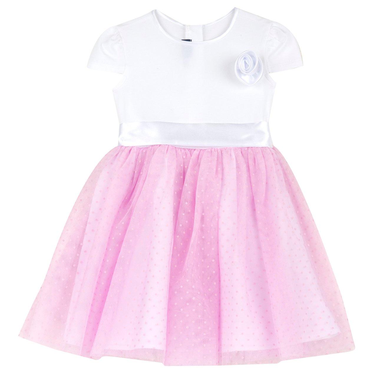 Vestito bianco Chicco a manica corta in tulle per bambina, con corpino in jersey, gonna a micropois, applicazione floreale e nastro in raso in vita. | Chicco