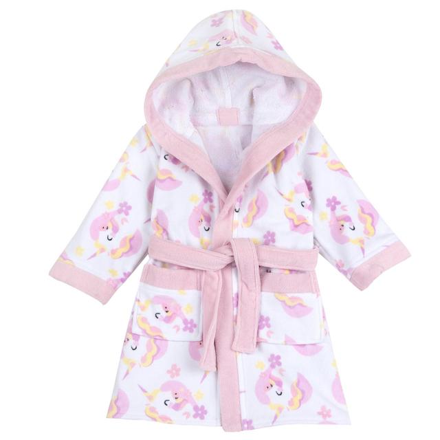 Accappatoio Chicco bianco per bambina con stampa di unicorni colorati, realizzato in morbida spugna di cotone 100% Oeko-Tex, ideale per primavera/estate. | Chicco