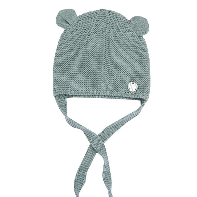 Cappello in maglia verde Chicco a forma di orsetto, in 100% cotone sostenibile Oeko-Tex, con dettagli tricot e medaglietta madreperla, taglia 0-15 mesi. | Chicco