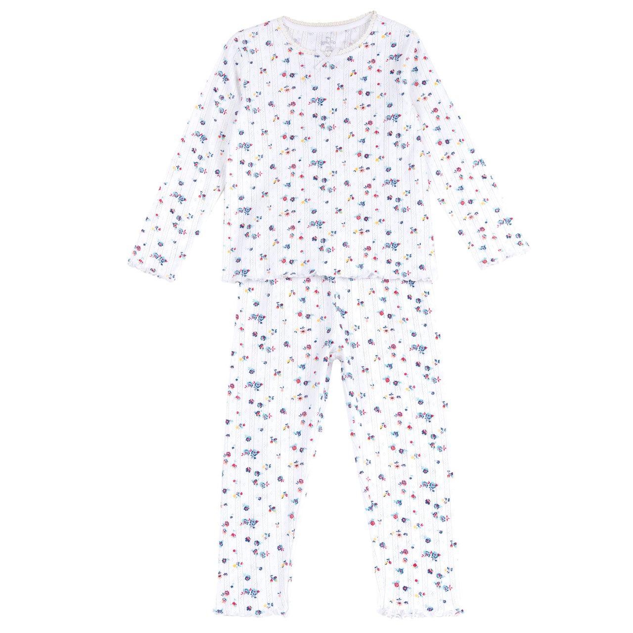 Pigiama lungo in cotone operato beige per bambina Chicco con stampa fantasia floreale, pizzo e fiocchetto sul collo, vita elasticizzata. | Chicco