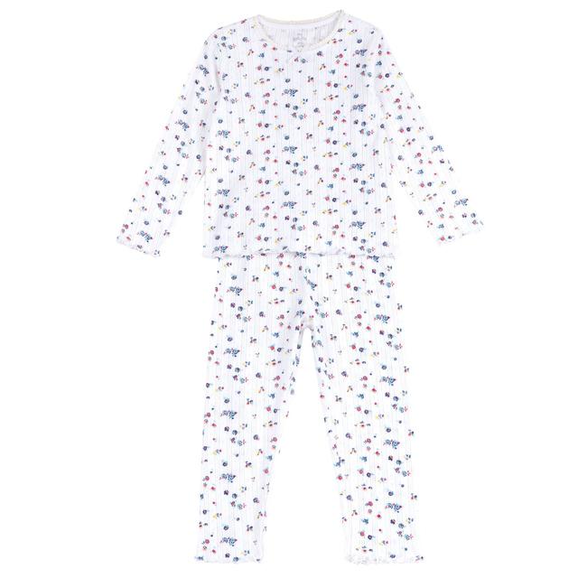 Pigiama lungo in cotone operato beige per bambina Chicco con stampa fantasia floreale, pizzo e fiocchetto sul collo, vita elasticizzata. | Chicco