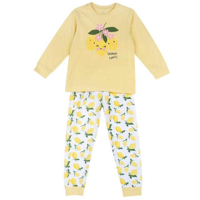 Pigiama lungo giallo per bambina Chicco con stampa fantasia limoni, maglietta con grafica centrale e pantaloni coordinati, in jersey elasticizzato di cotone sostenibile. | Chicco