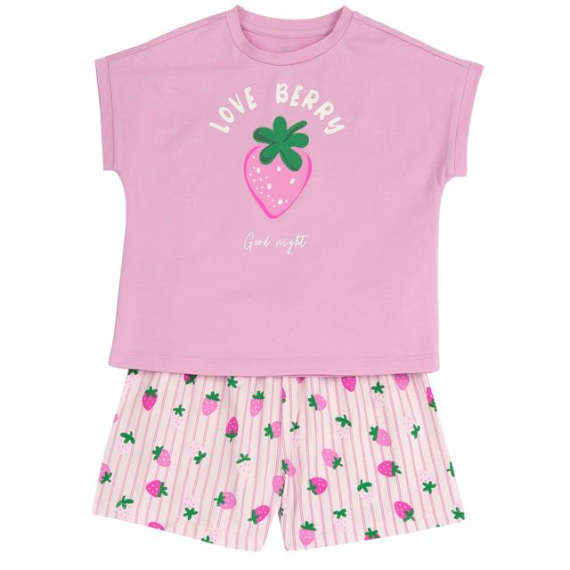Pigiama corto rosa in jersey elasticizzato per bambina Chicco con stampa centrale e pantaloni fantasia fragole, realizzato in cotone sostenibile Oeko-Tex. | Chicco