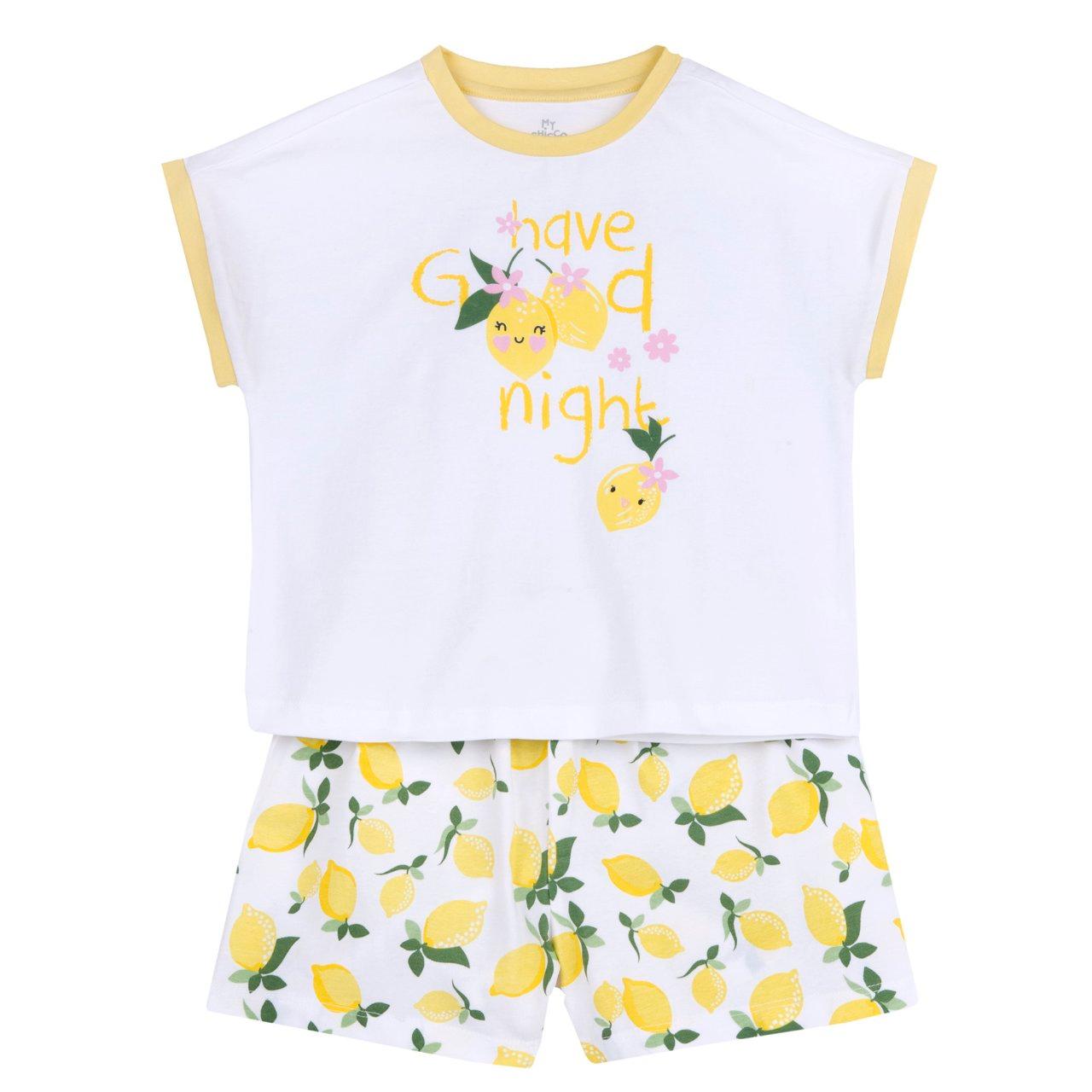Pigiama corto bambina Chicco bianco con stampa limoni, maglietta a maniche corte e pantaloncini elasticizzati in cotone sostenibile. | Chicco