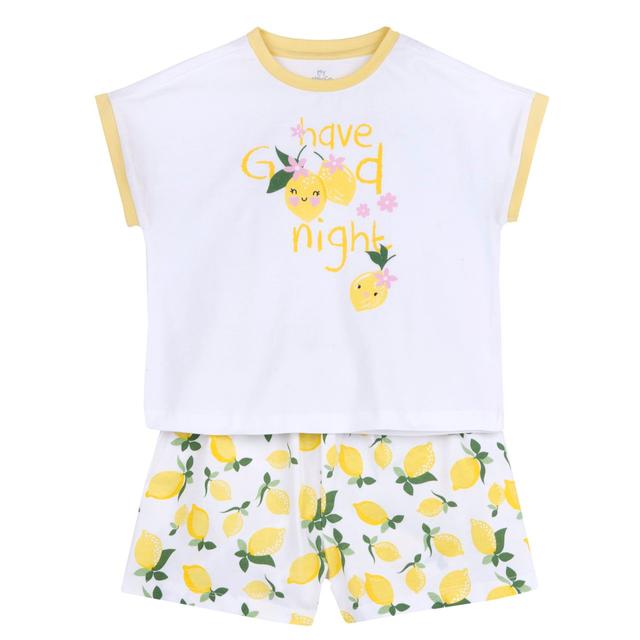 Pigiama corto bambina Chicco bianco con stampa limoni, maglietta a maniche corte e pantaloncini elasticizzati in cotone sostenibile. | Chicco