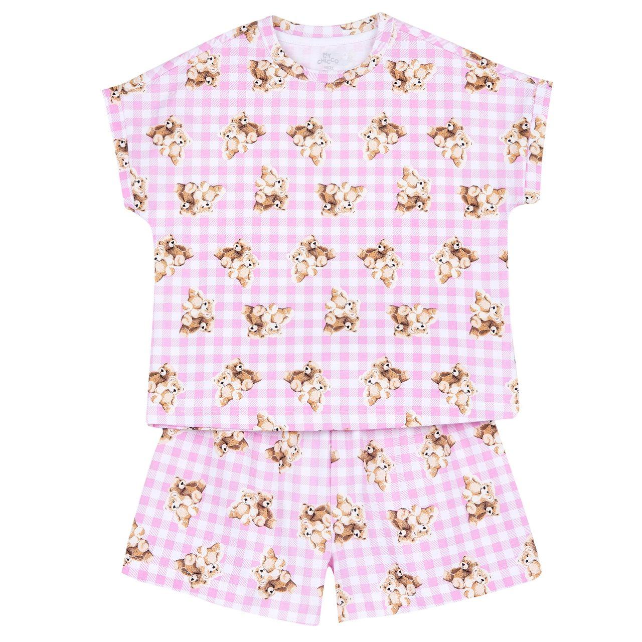 Pigiama corto bambina Chicco in jersey elasticizzato bianco con stampa fantasia vichy e orsetti, vita elasticizzata e bottoni automatici sulla spalla. | Chicco