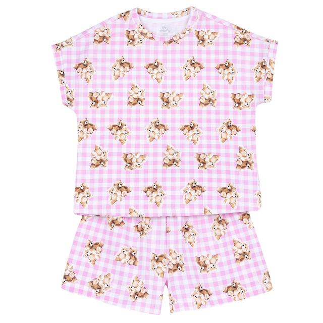 Pigiama corto bambina Chicco in jersey elasticizzato bianco con stampa fantasia vichy e orsetti, vita elasticizzata e bottoni automatici sulla spalla. | Chicco