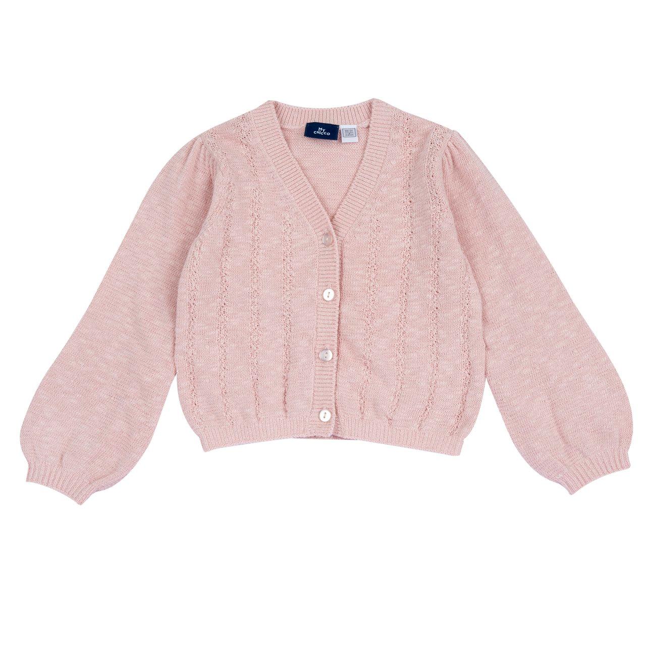 Cardigan rosa in maglia di cotone effetto crepe per bambina, con scollo a V, motivo traforato frontale e maniche ampie arricciate, ideale per primavera/estate. | Chicco