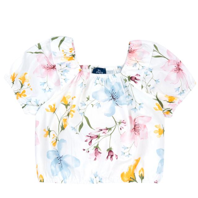 Camicia a manica corta stampata per bambina in popeline di cotone bianco con stampa floreale ad acquerello e maniche a palloncino. | Chicco