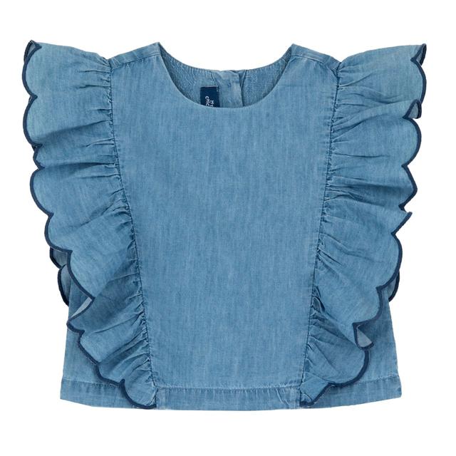 Camicia azzurra a manica corta per bambina Chicco in chambray di cotone con rouches ricamate e bottoni a cuore madreperla. | Chicco