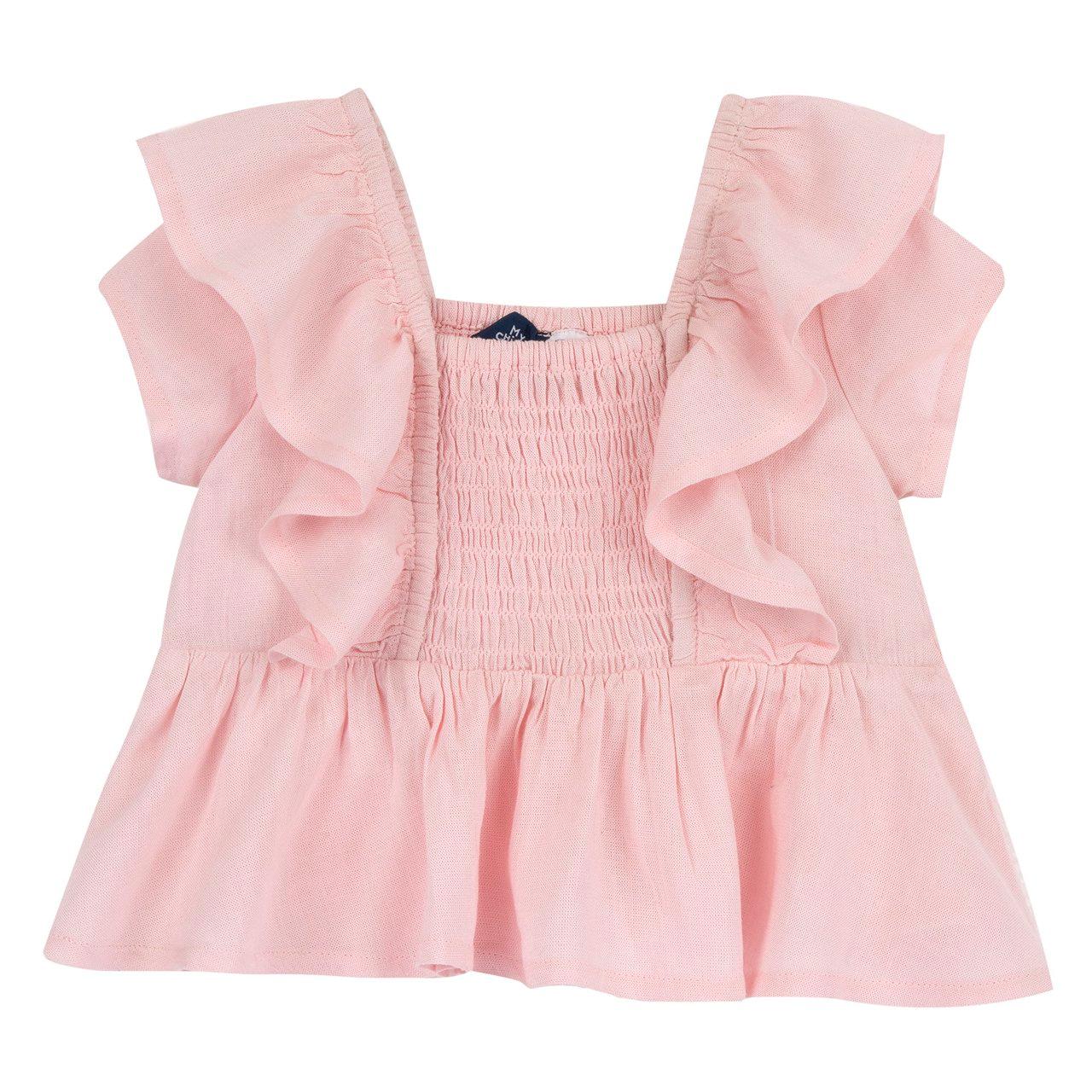 Camicia rosa a manica corta Chicco per bambina con volant e dettagli a punto smock, in misto viscosa e lino, certificata Oeko-Tex. | Chicco