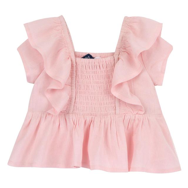 Camicia rosa a manica corta Chicco per bambina con volant e dettagli a punto smock, in misto viscosa e lino, certificata Oeko-Tex. | Chicco