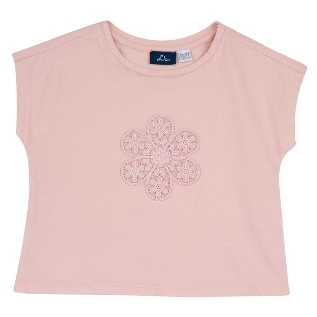 Maglietta a manica corta rosa in jersey elasticizzato per bambina Chicco con applicazione floreale in crochet sul davanti, realizzata in cotone sostenibile. | Chicco