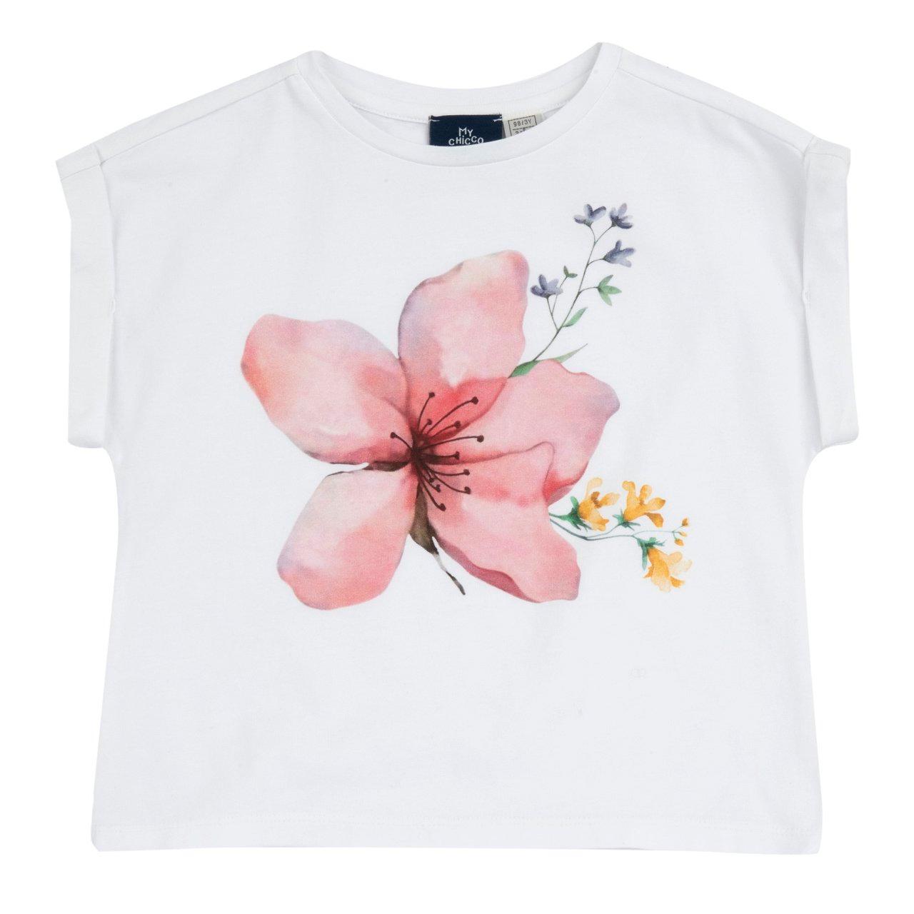 Maglietta a manica corta in jersey elasticizzato per bambina Chicco con stampa acquerello su sfondo bianco, vestibilità a scatoletta e risvolti alle maniche. | Chicco