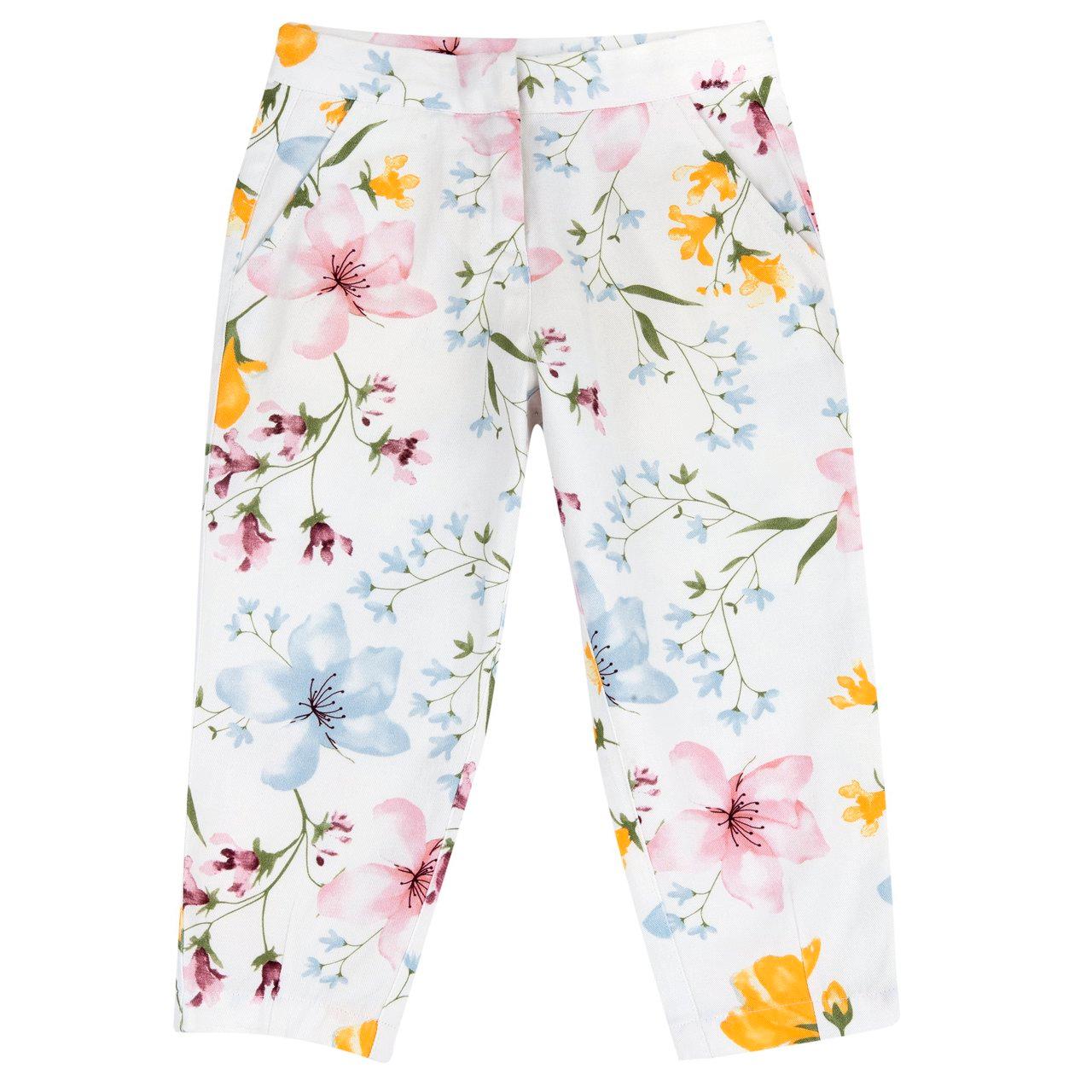 Pantaloni lunghi Chicco per bambina con stampa floreale effetto acquarello su fondo bianco, vita elasticizzata regolabile e tasche anteriori. | Chicco