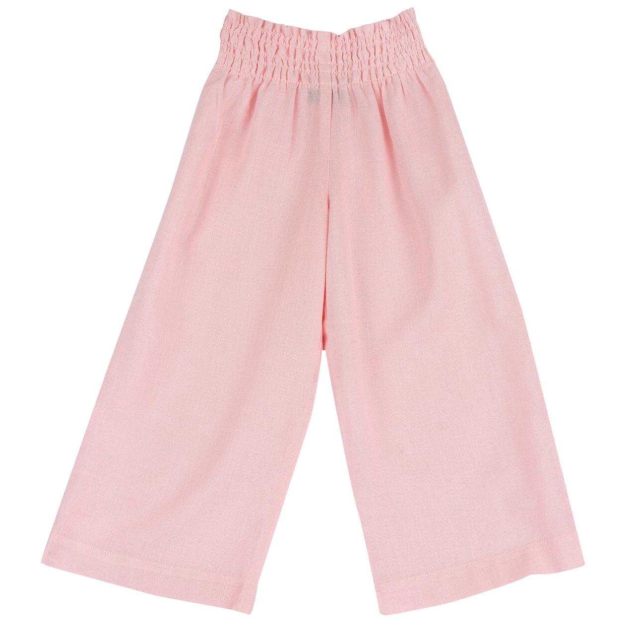 Pantaloni lunghi rosa in misto lino per bambina Chicco, modello a palazzo con vita elasticizzata e dettagli a punto smock, ideali per la primavera/estate. | Chicco
