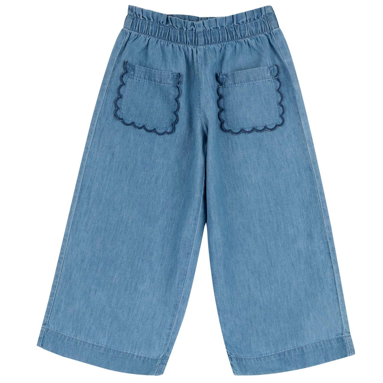 Pantaloni lunghi azzurri in chambray di cotone per bambina Chicco, con vita elasticizzata, design a palazzo e tasche anteriori ricamate. | Chicco
