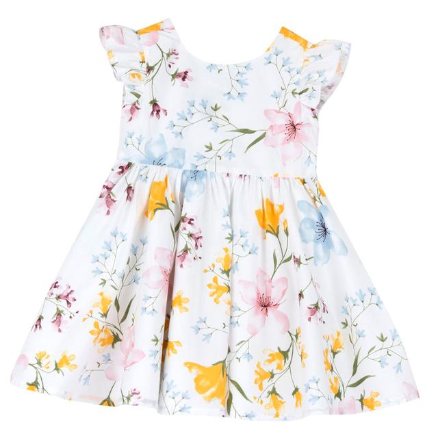 Vestito Chicco a manica corta per bambina con stampa floreale effetto acquarello su fondo bianco, realizzato in cotone sostenibile. | Chicco