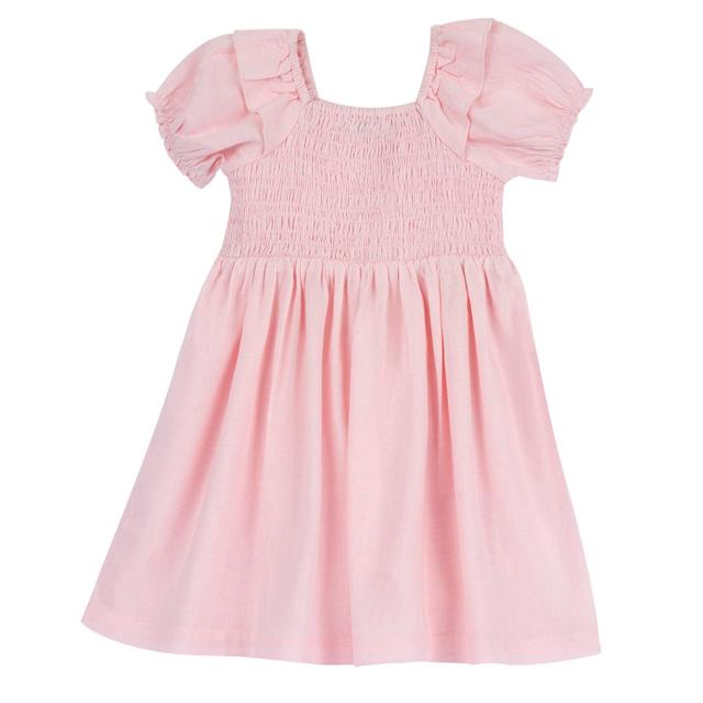 Vestito manica corta a palloncino rosa Chicco per bambina in misto lino con corpino elasticizzato e cuciture smock, ideale per primavera/estate. | Chicco