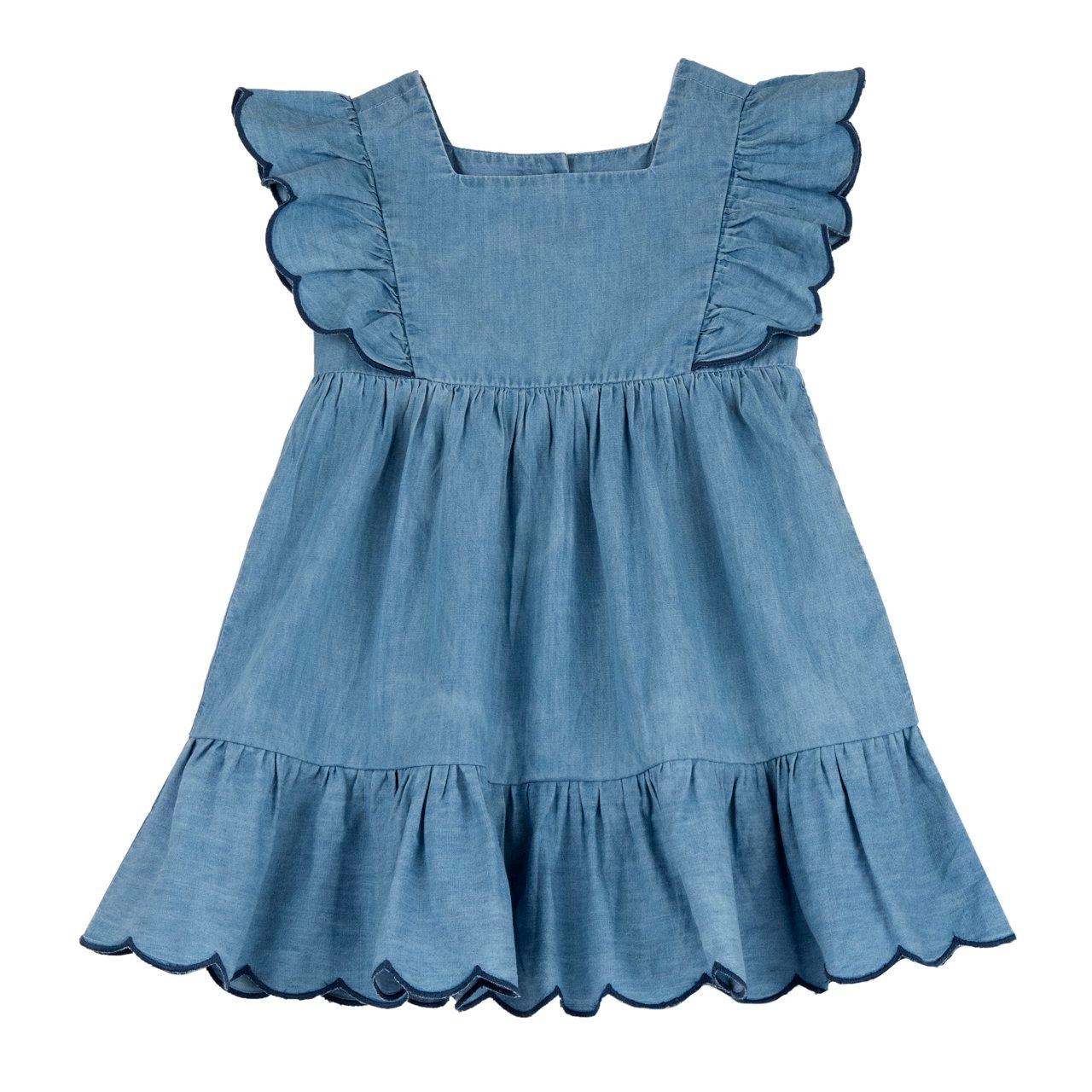 Vestito azzurro in chambray di cotone per bambina Chicco con maniche corte ad aletta con rouches e ricamo smerlato. | Chicco