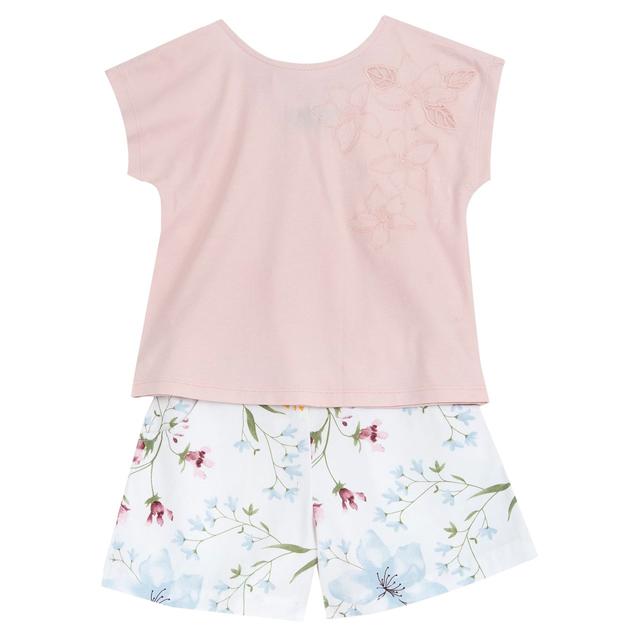 Completo Chicco per bambina con maglietta rosa in jersey di cotone e pantaloni corti con stampa floreale effetto acquarello. | Chicco