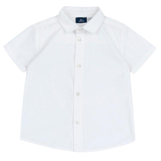 Camicia a manica corta Chicco per bambino in popeline di cotone bianco con fantasia jacquard, realizzata in cotone sostenibile certificato Oeko-Tex. | Chicco