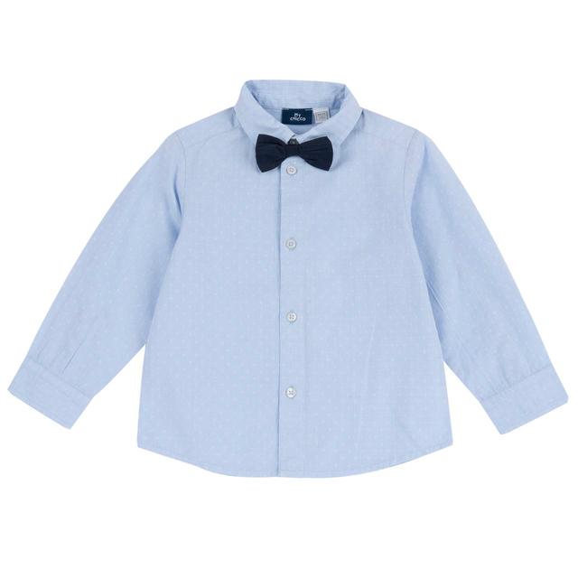 Camicia azzurra a manica lunga in cotone jacquard sostenibile per bambino Chicco, con papillon rimovibile e chiusura a strappo. | Chicco