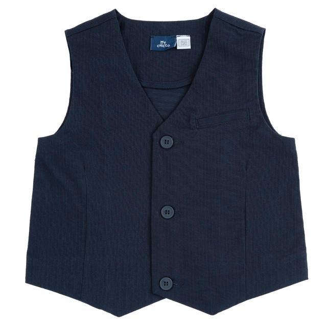 Gilet elegante Chicco in popeline di cotone blu elasticizzato a righe, con bottoni e taschino, ideale per occasioni speciali primavera/estate. | Chicco
