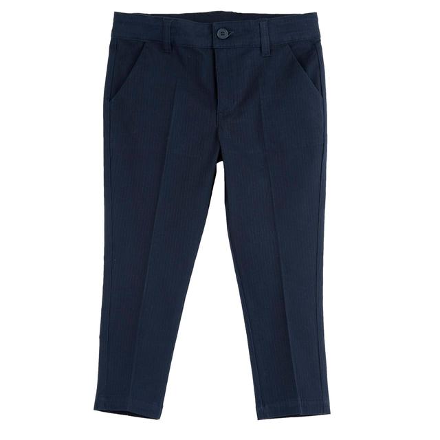 Pantaloni lunghi eleganti blu per bambino Chicco in popeline di cotone elasticizzato con effetto riga, vita regolabile e apertura zip/bottone. | Chicco