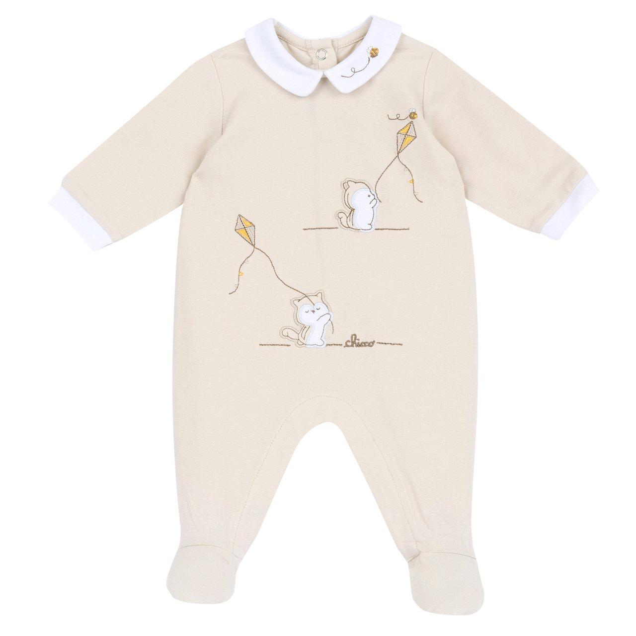 Tutina aperta interno gamba Chicco bianca in morbido jersey di cotone elasticizzato, con grafica applicata e ricamo, perfetta per la primavera/estate. | Chicco