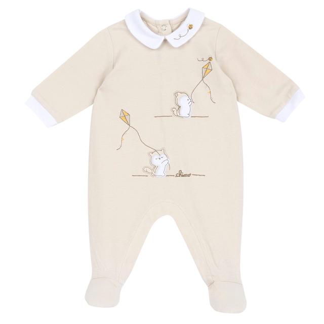 Tutina aperta interno gamba Chicco bianca in morbido jersey di cotone elasticizzato, con grafica applicata e ricamo, perfetta per la primavera/estate. | Chicco