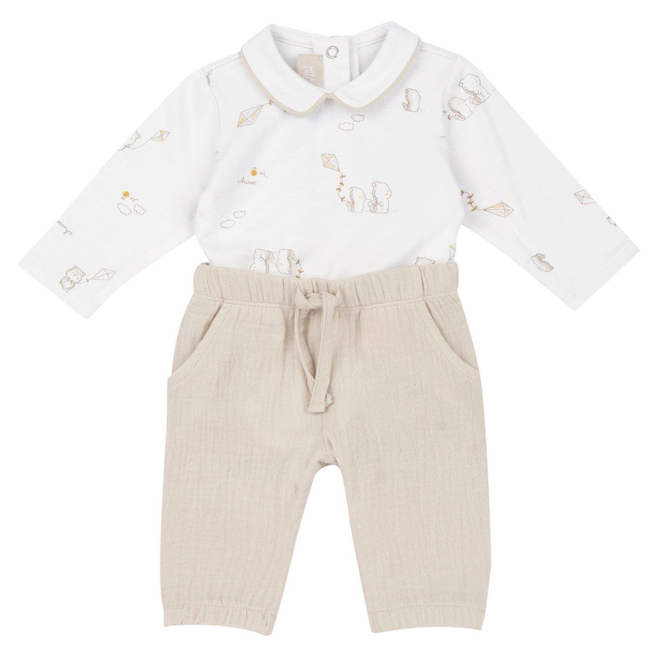 Completo body e pantaloni lunghi neonato Chicco unisex in morbido jersey di cotone elasticizzato bianco con stampa fantasiosa e pantaloni in garza. | Chicco