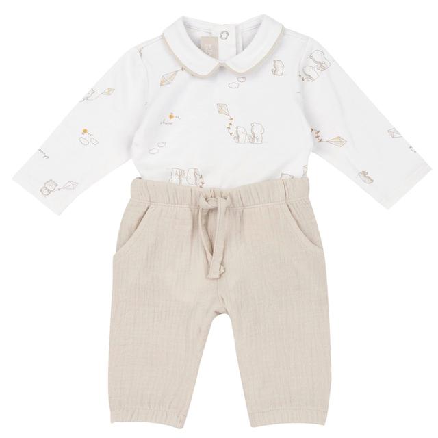 Completo body e pantaloni lunghi neonato Chicco unisex in morbido jersey di cotone elasticizzato bianco con stampa fantasiosa e pantaloni in garza. | Chicco