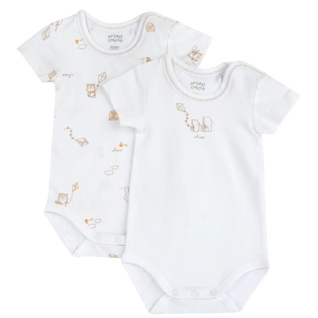 Set due body intimo neonato Chicco manica corta cotone sostenibile unisex stampa fantasia grafica fondo bianco. | Chicco