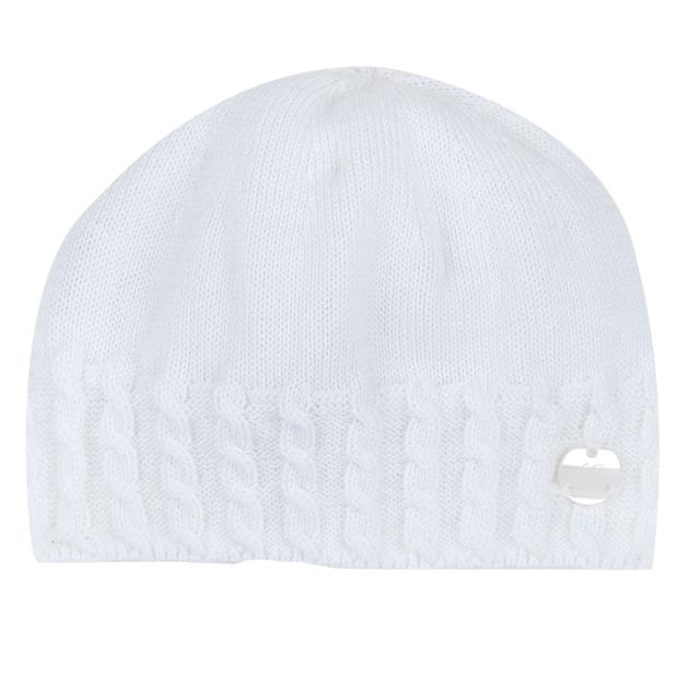 Cappello in maglia Chicco bianco unisex in cotone e modal, con medaglietta effetto madreperla. | Chicco
