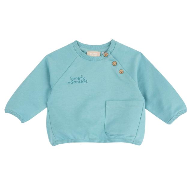 Felpa girocollo verde per bambino in cotone sostenibile con grafica stampata e bottoncini effetto legno sulla spalla, parte della collezione Chicco. | Chicco