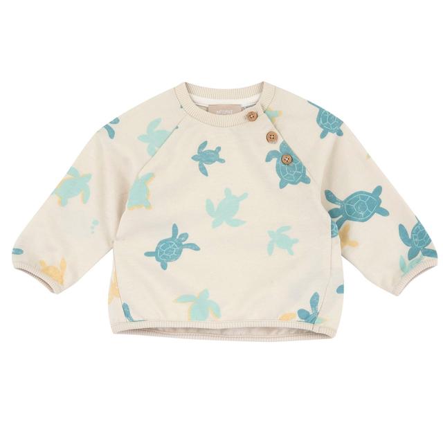 Felpa girocollo bianca per bambino con stampa fantasia vivace, in cotone sostenibile Oeko-Tex, con bottoncini effetto legno sulla spalla. | Chicco