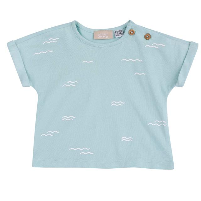 Maglietta a manica corta gialla per bambini Chicco in morbido cotone con stampa grafica e bottoni effetto legno sulla spalla. | Chicco